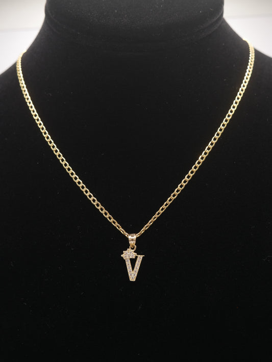 New 14K CZ Letter V And Cuban Chain I.J™