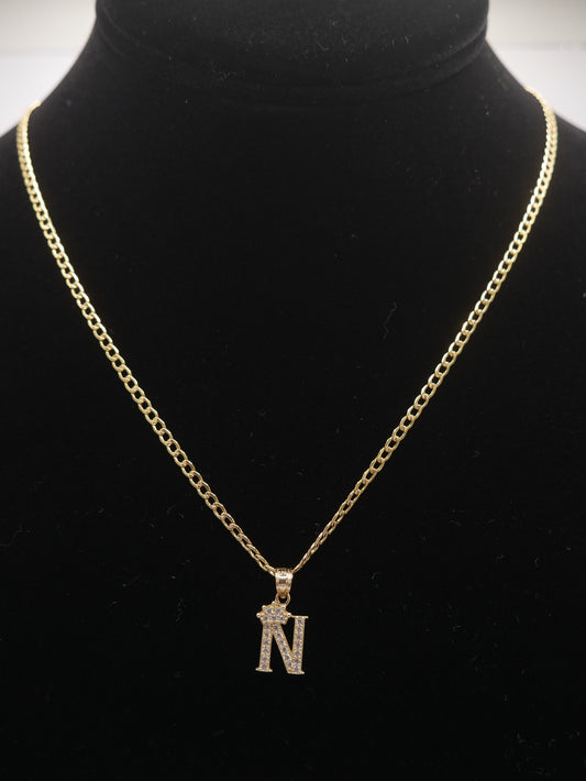 New 14K CZ Letter N And Cuban Chain I.J™